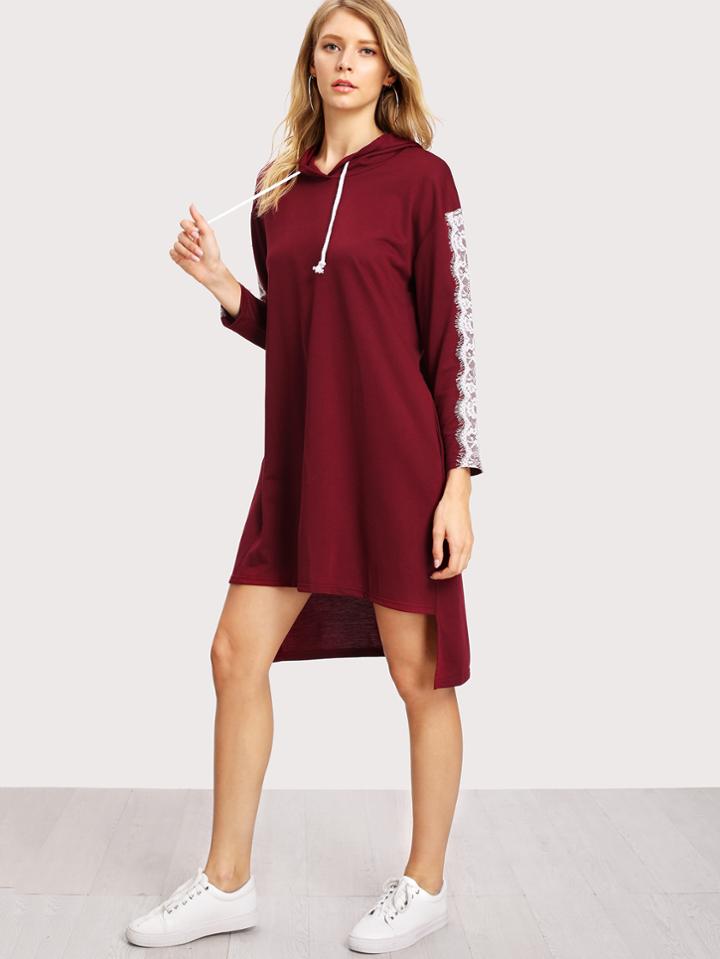 Shein Lace Applique High Low Hoodie Dress