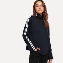Shein High Neck Striped Tape Sleeve Sweatshirt