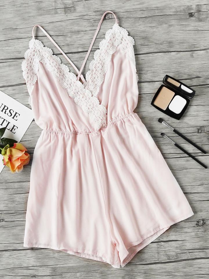 Shein Surplice Lace Trim Criss Cross Backless Romper