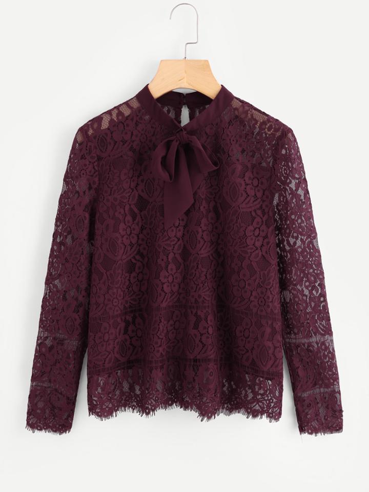 Shein Tie Neck Eyelash Lace Blouse