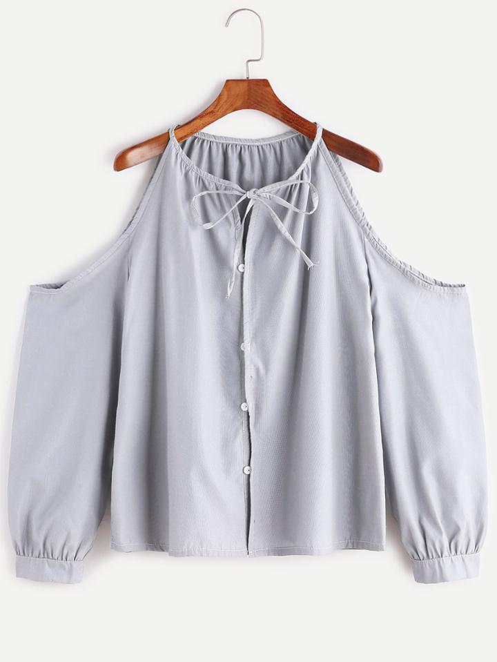 Shein Grey Cold Shoulder Tie Neck Button Top