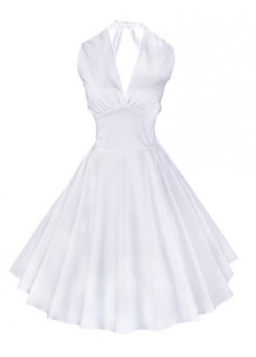 Rosewe White Halter Neck Vintage Pleated Dress
