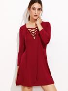 Shein Burgundy V Neck Lace Up A Line Dress