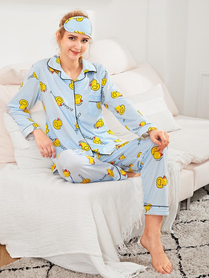 Shein Contrast Binding Duck Print Pajama Set With Eye Mask
