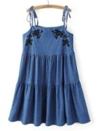 Shein Dark Blue Self Tie Strap Embroidery Ruffle Hem Dress
