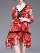 Shein V Neck Beading Floral Contrast Lace Dress