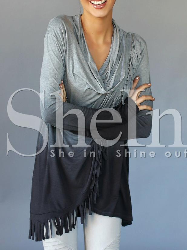 Shein Grey Color Block Cowl Neck Fringe T-shirt
