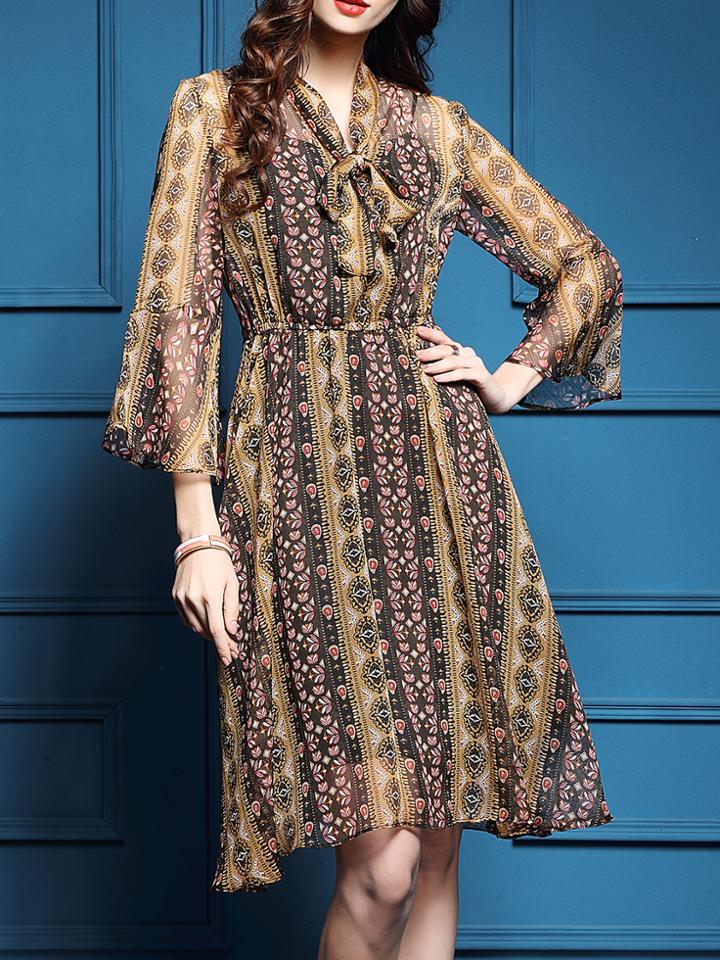 Shein Multicolor Tie Neck Elastic-waist Print Dress