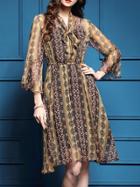 Shein Multicolor Tie Neck Elastic-waist Print Dress