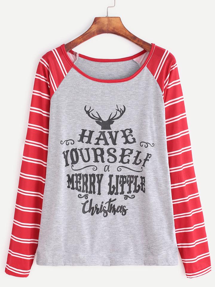 Shein Letter Print Contrast Striped Raglan Sleeve T-shirt