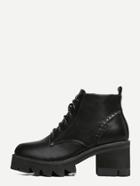 Shein Black Faux Leather Lace Up Zipper Topstitch Platform Boots