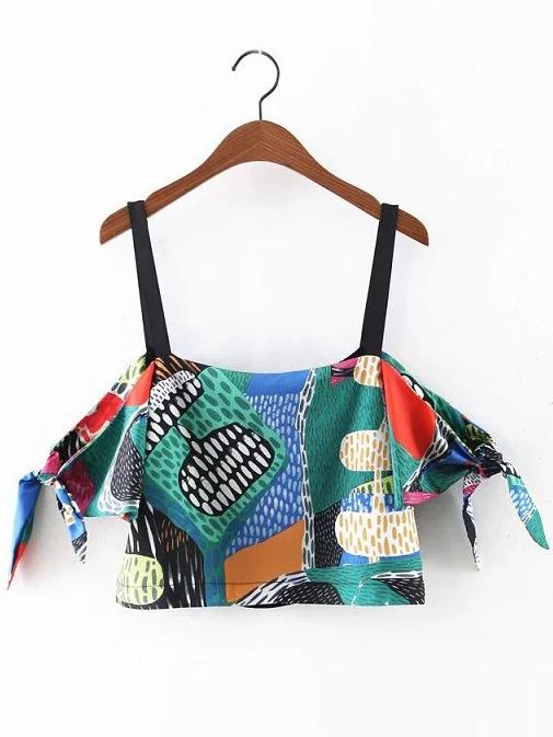 Shein Multicolor Print Self-tie Bow Straps Blouse