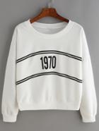 Shein White Crew Neck Striped 1970 Print Sweatshirt