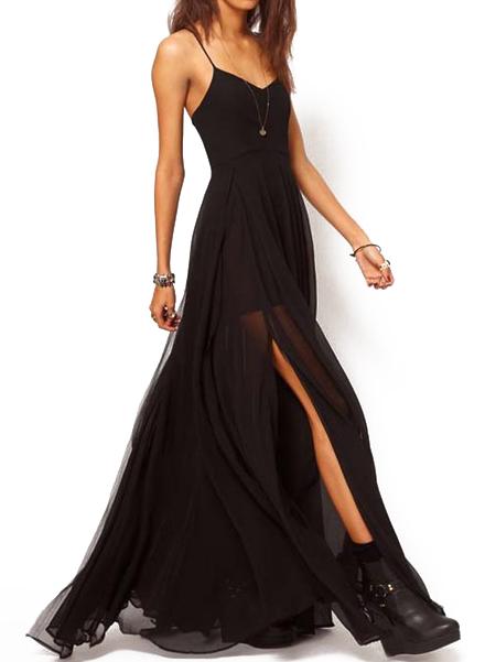 Shein Black Floaty Promdress Spaghetti Strap Yule Split Chiffon Maix Dress