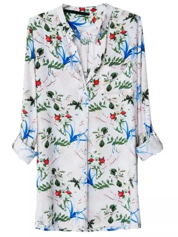 Shein Multicolor Stand Collar Floral Pockets Blouse