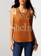 Shein Camel Hollow Out Neck Tribal Embroidered Tank Top