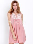 Shein Pink House Sleeveless Embroidered Dress