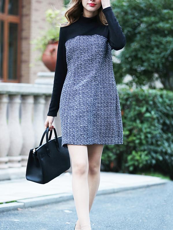 Shein Black White Stand Collar Zipper Slim Dress