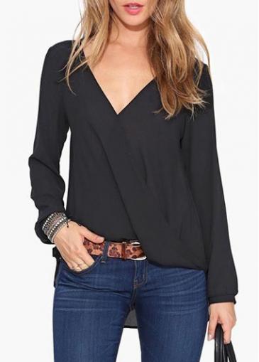 Rosewe Long Sleeve V Neck Black Blouse