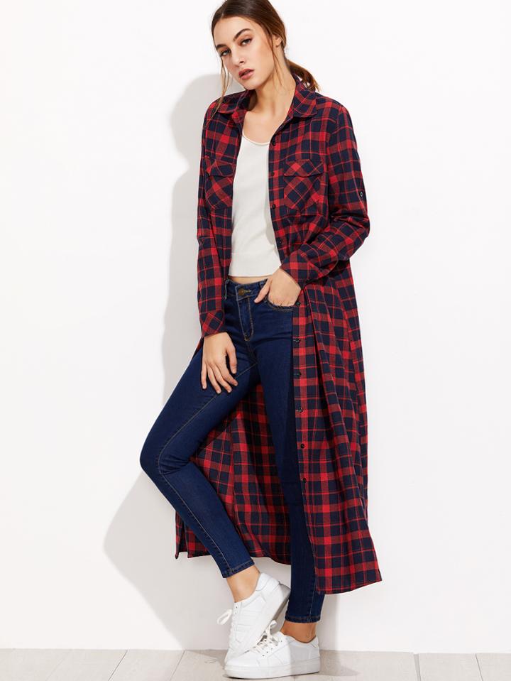 Shein Navy And Red Plaid Pocket Front Maxi Blouse