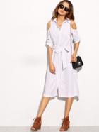 Shein White Striped Cold Shoulder Bow Tie Waist Dress