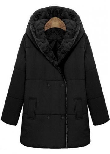 Rosewe Charming Hooded Collar Long Sleeve Solid Black Coat