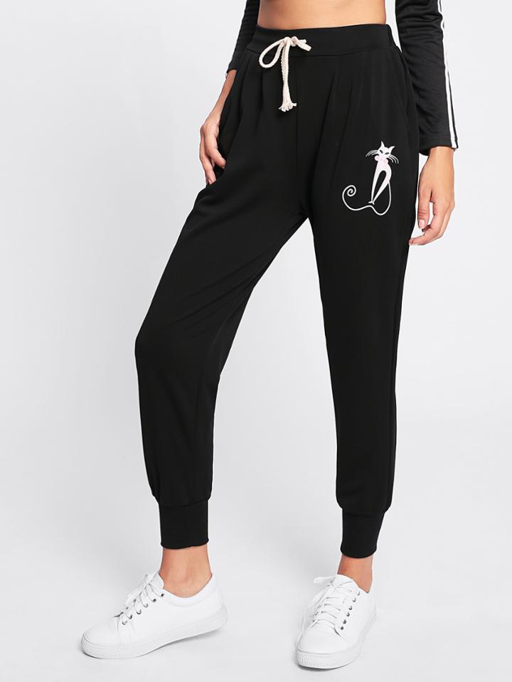 Shein Cat Print Drawstring Waist Sweatpants