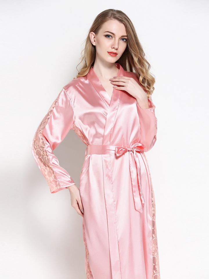 Shein Lace Panel Self Tie Satin Longline Robe
