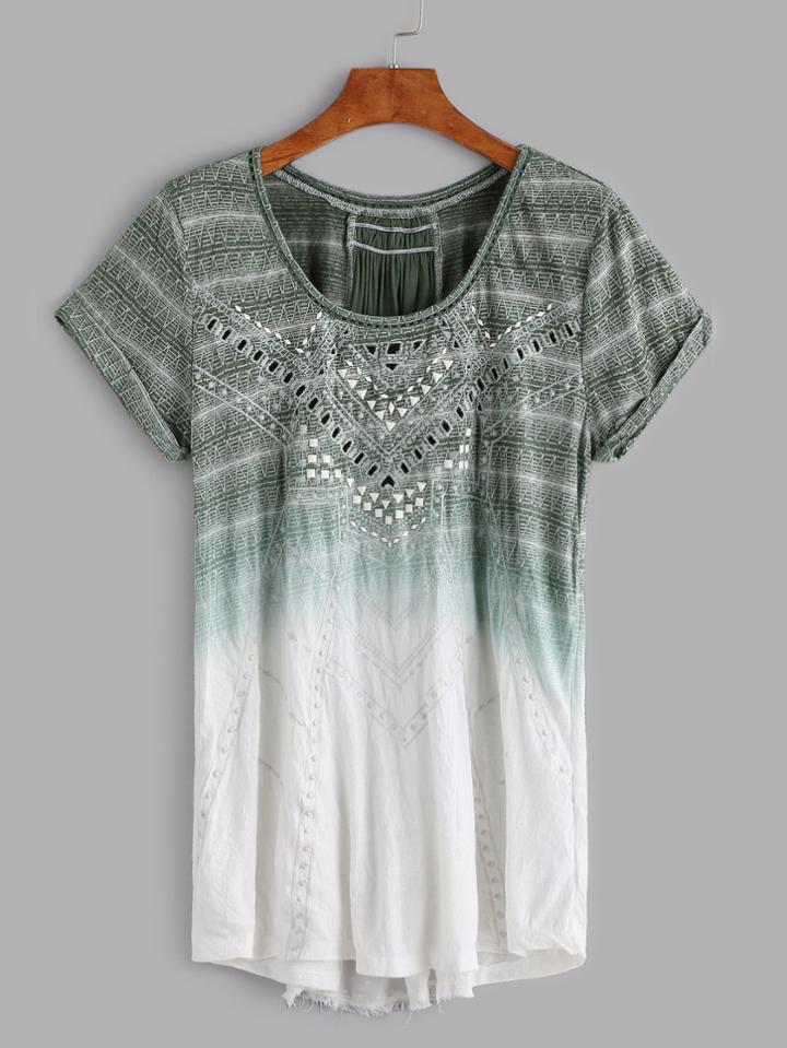 Shein Ombre Embroidered Hollow Out Dip Hem Cuffed T-shirt