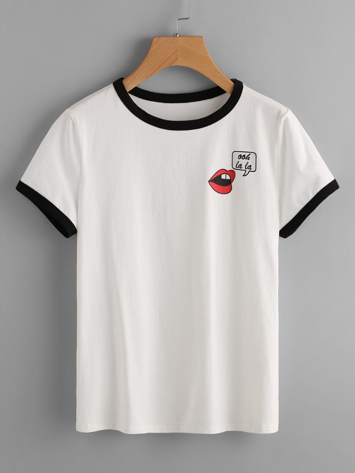 Shein Red Lip Print Ringer Tee