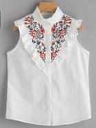 Shein Frill Trim Floral Embroidered Yoke Sleeveless Blouse