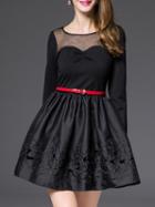 Shein Black Round Neck Long Sleeve Contrast Gauze Drawstring Dress
