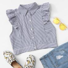 Shein Flounce Embellished Shoulder Pinstripe Crop Shirt