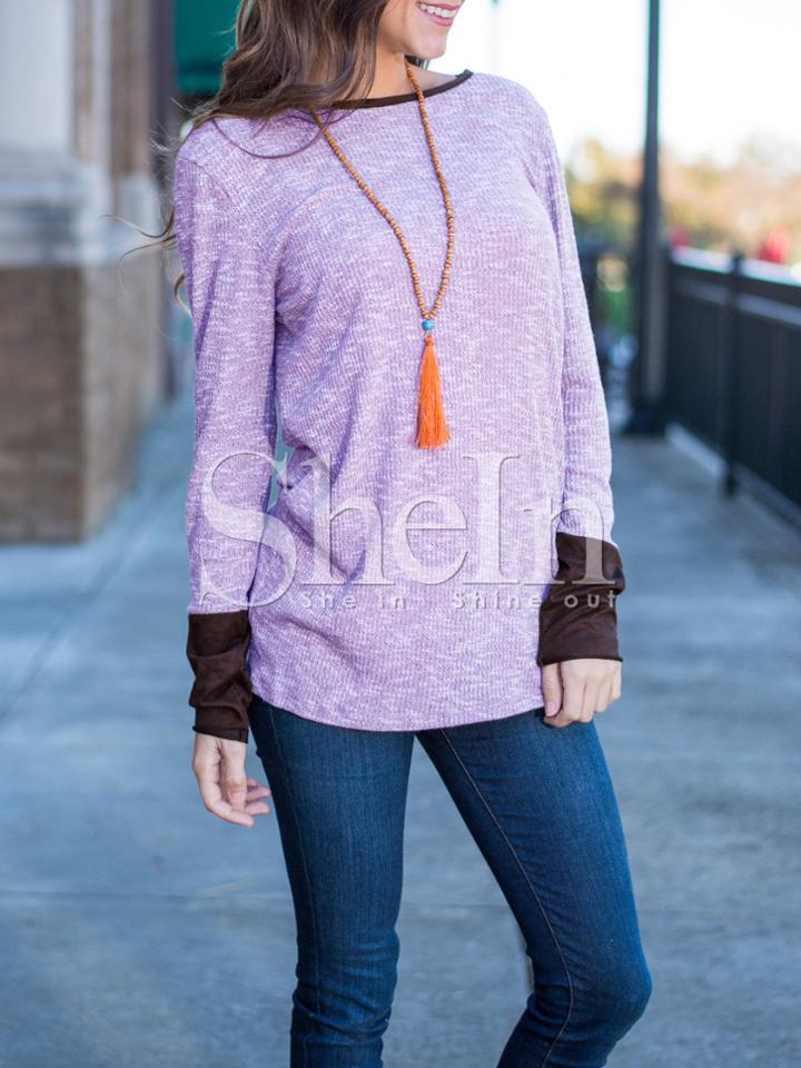 Shein Purple Contrast Cuff Boat Neck T-shirt
