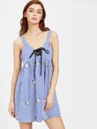 Shein Embroidered Pinstripe Lace Up Front Dress