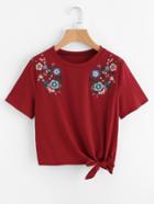 Shein Symmetric Flower Embroidered Knot Hem Tee