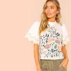 Shein Floral Embroidered Tiered Sleeve Blouse