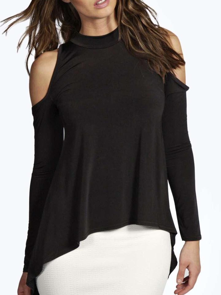 Shein Black High Neck Dip Hem Cutout Shoulder T-shirt