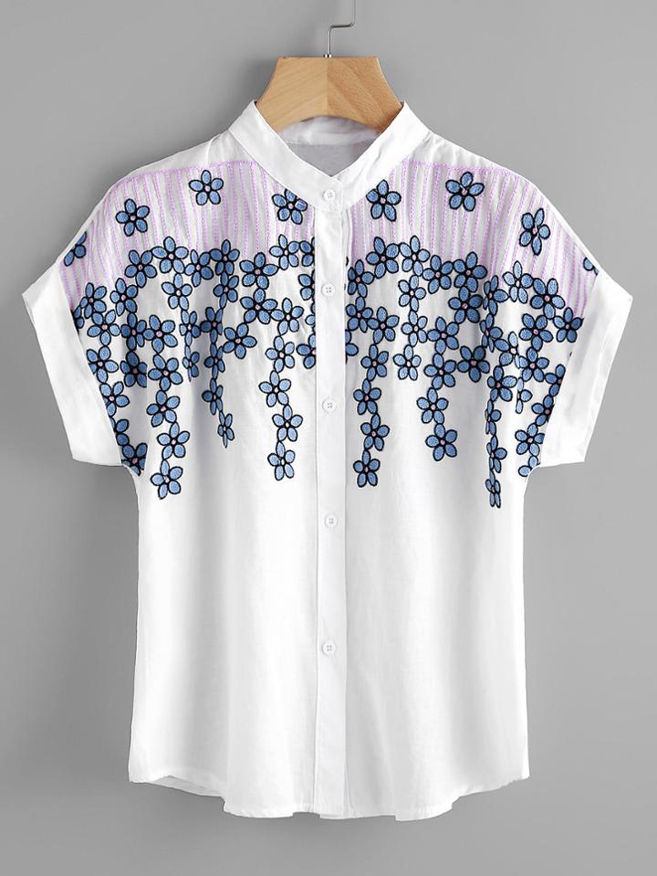 Shein Stereo Embroidery Cuffed Blouse