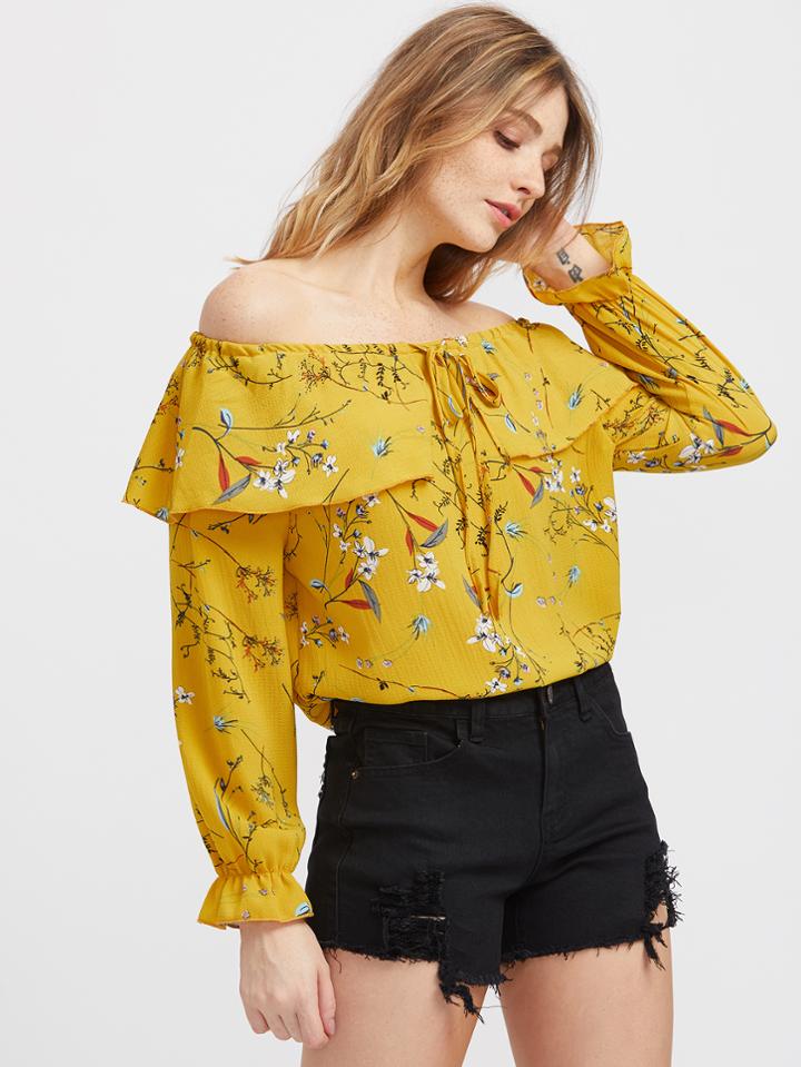 Shein Bardot Flounce Layered Calico Print Top