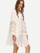 Shein White Tie-neck Geo Embroidered Loose Dress