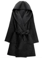 Shein Black Hooded Tie-waist Casual Coat