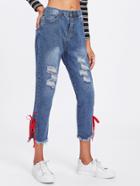 Shein Bow Tie Side Raw Hem Ripped Jeans