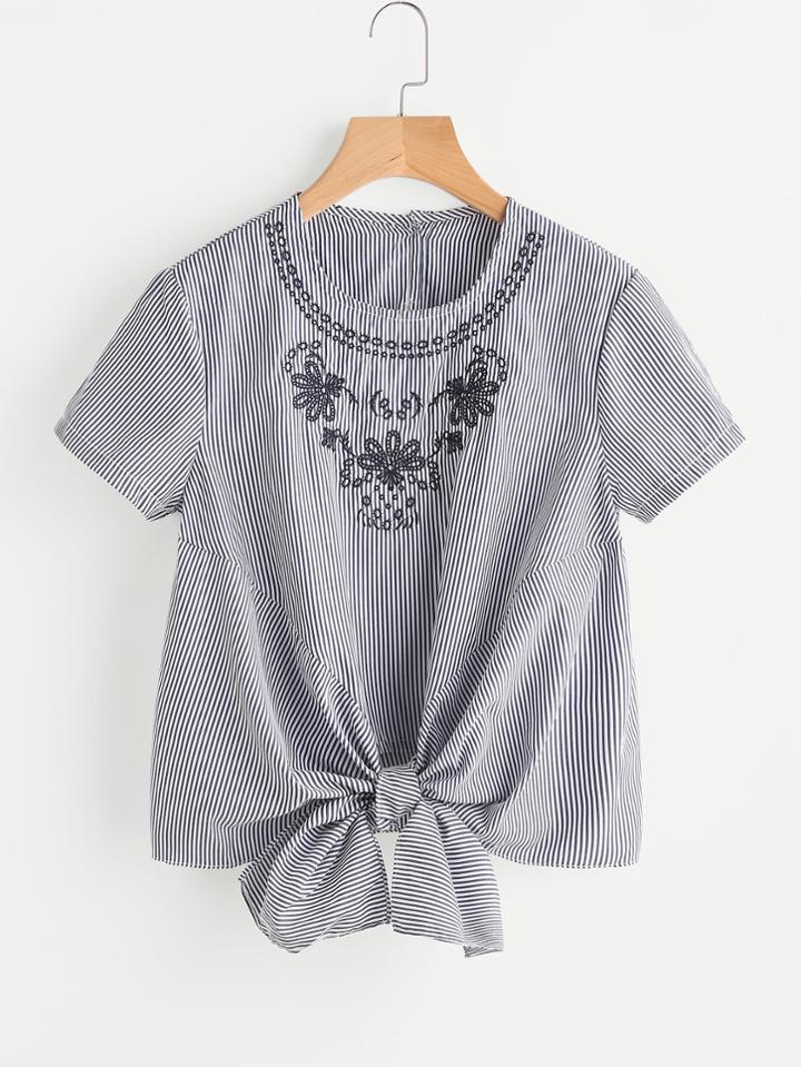 Shein Vertical Striped Embroidery Knotted Hem Top