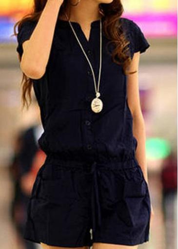 Rosewe Drawstring Waist Short Sleeve Navy Romper