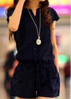 Rosewe Drawstring Waist Short Sleeve Navy Romper