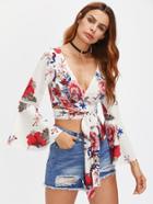 Shein Random Florals Fluted Sleeve Tie Detail Wrap Top