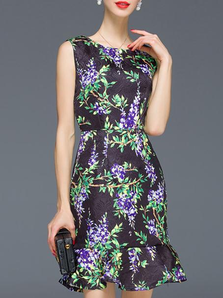 Shein Black Round Neck Sleeveless Jacquard Fishtail Dress