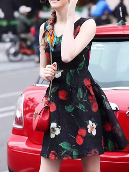 Shein Black V Neck Apple Print Dress