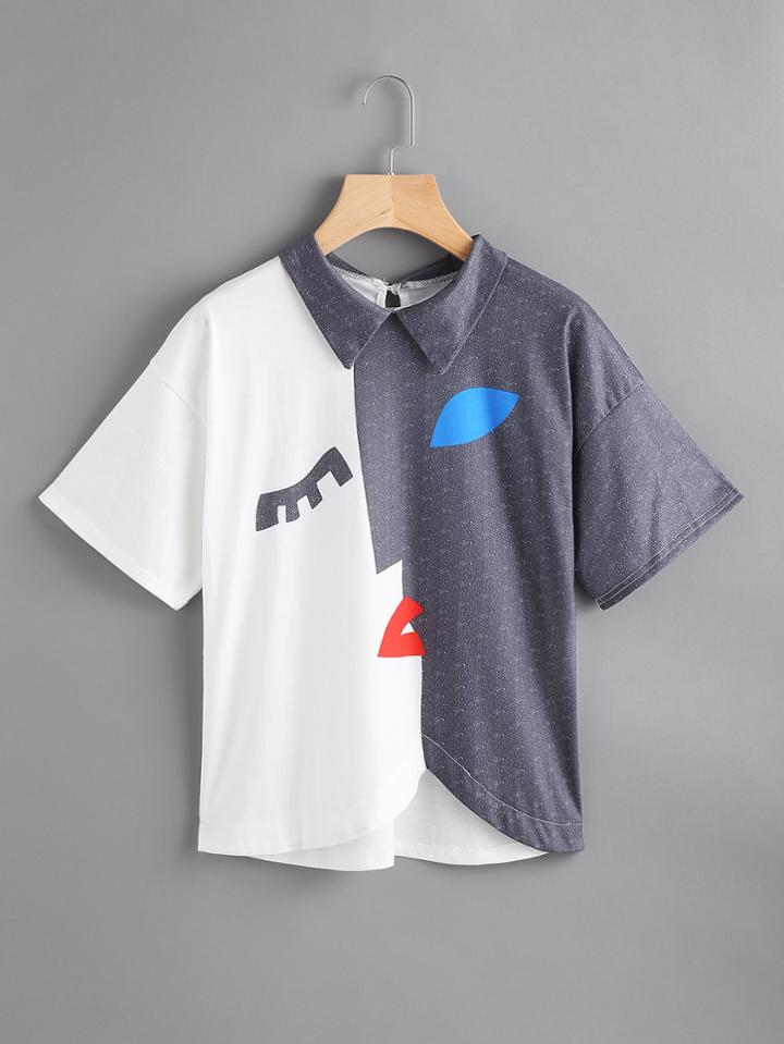 Shein Color Block High Low Pattern Print Tee